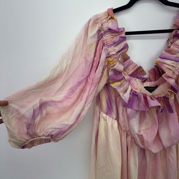 Eloquii Women’s Off The Shoulder Ruffle Pink Purple Yellow Peach Watercolor Dres - Picture 7 of 12